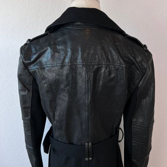 BCBGMAXAZRIA Johnna Long Moto Jacket Black Leather Wool Asymmetrical Zip Large - Picture 9 of 13